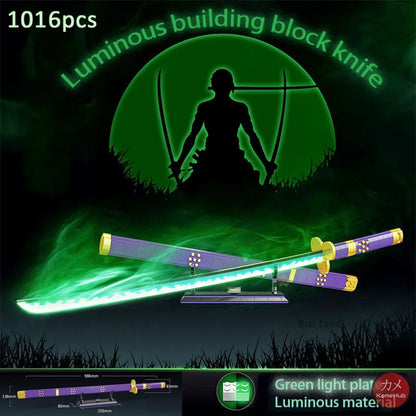 Anime - Katane E Spade In Mattoncini Stile Lego Glow The Dark Zoro 1 Luminosa Verde &