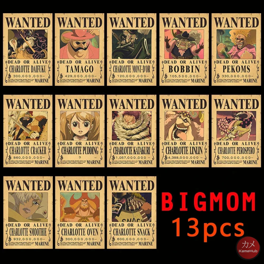 One Piece - WANTED Dead or Alive Set di Poster Big Mom Pirates 13PCS / 28.5x19 CM Poster