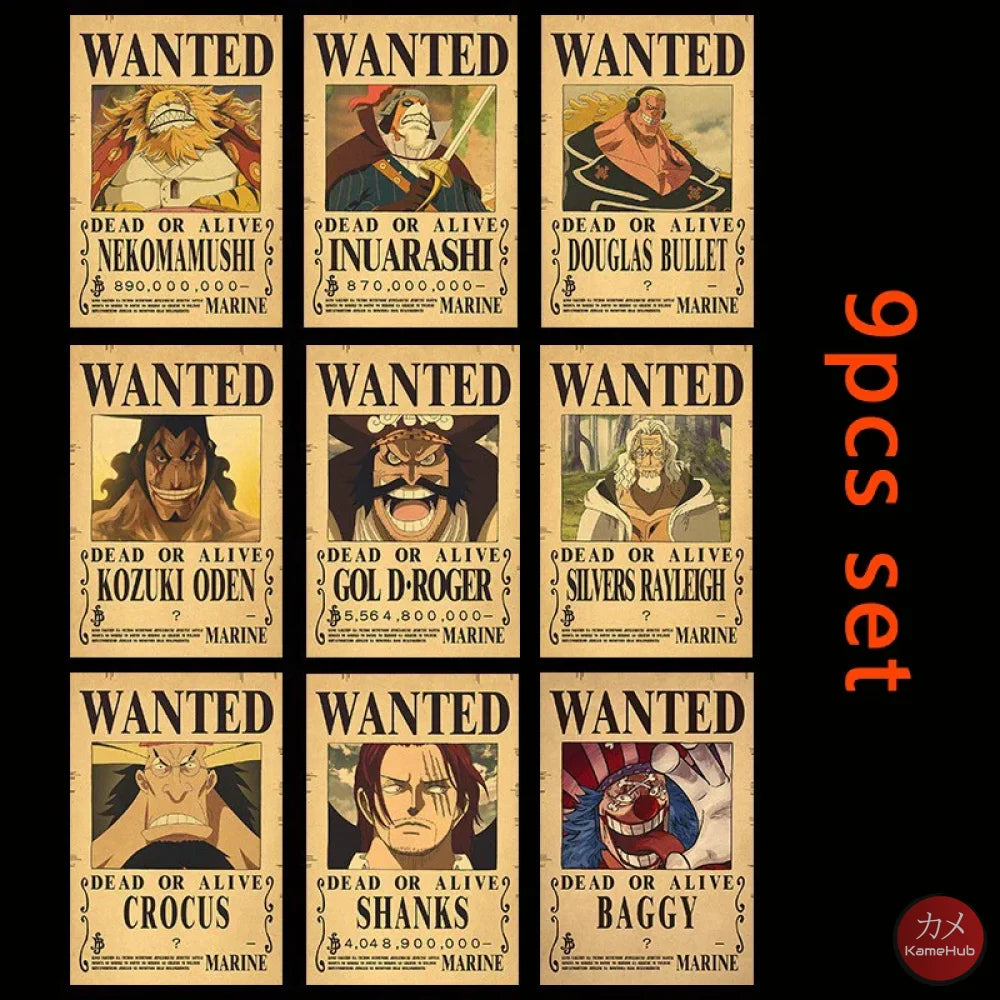 One Piece - WANTED Dead or Alive Set di Poster Gol D. Roger Pirates 9PCS / 28.5x19 CM Poster